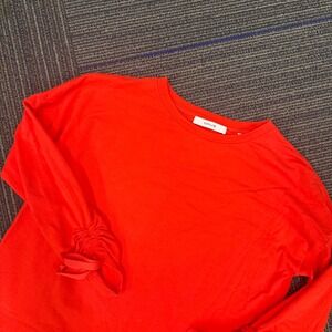 Opus Women's Red Long‎ Sleeve Top Ruched Tie Cuffs Crew Neck Casual
